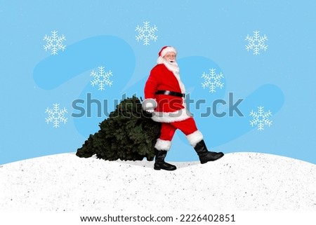 Composite collage picture of grandfather santa walk carry newyear tree isolated on drawing snowy background
