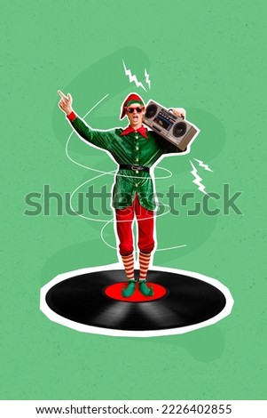 Vertical collage picture of excited carefree mini elf guy stand big vinyl record carry boombox dancing point finger