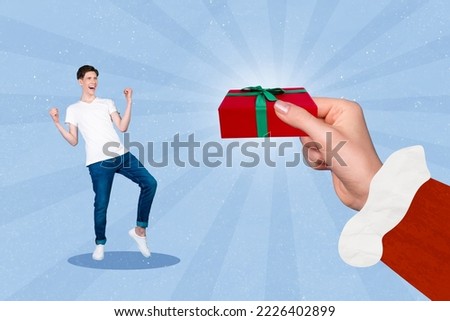 Creative photo 3d collage artwork poster postcard banner of overjoyed glad person get presents isolated on painting background