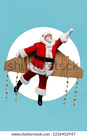 Creative photo 3d collage artwork poster postcard picture of crazy old man fly ahead hurry eve night isolated on painting background