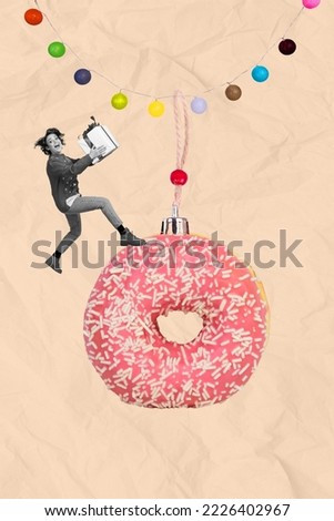 Vertical creative collage photo 3d art illustration of funny ecstatic girl hold gift hurry run on donut isolated on pink color background