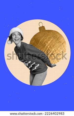 Vertical creative collage 3d photo of cheerful positive optimistic girl hold christmas toy on back isolated on blue color background