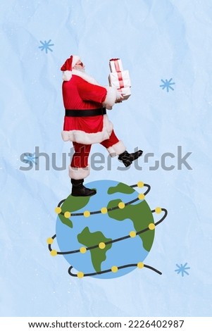 Vertical creative collage photo of positive kind good mood santa claus delivering gifts around world isolated on blue color background