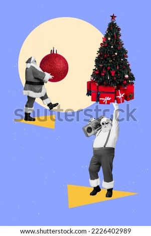Collage artwork graphics picture of funky smiling xmas grandfather preparing event isolated painting background