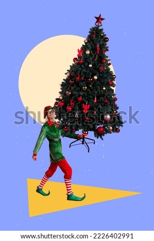 Collage 3d image of pinup pop retro sketch of funky smiling guy holding xmas tree instead of head isolated painting background