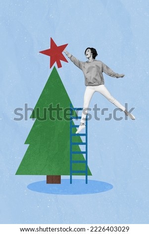 Creative photo 3d collage artwork poster postcard of happy girl stand ladder decorate tree enjoy atmosphere isolated on painting background