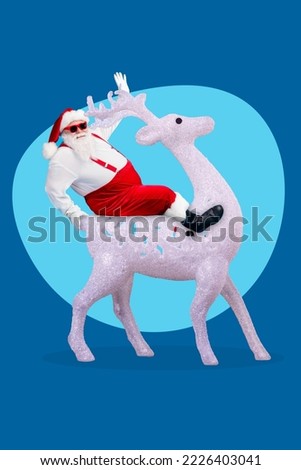 Creative photo 3d collage artwork poster postcard of funky mature man fairy personage sit ride big deer isolated on painting background