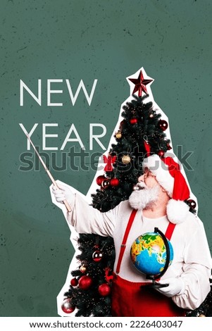 Creative poster collage of santa claus teacher costume holding globe pointer new year christmas text tree postcard teaching metaphor pinup