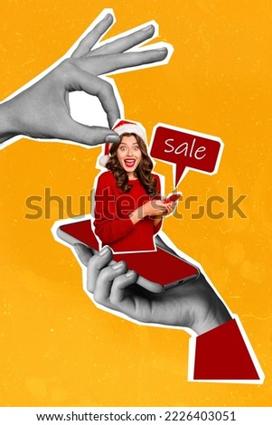 3d retro abstract creative artwork template collage of arms holding device gadget screen display attractive girl excited shopping sales