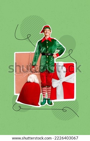Vertical collage image of positive funky elf guy hold presents sack big giftbox isolated on painted background