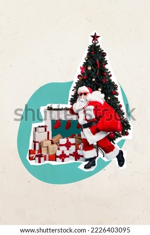 3d retro abstract creative artwork template collage of funky santa claus sneaking indoor house christmas interior bring presents sack
