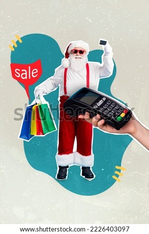 3d retro abstract creative artwork template collage of funny funky santa claus granddad shopping bags credit card terminal machine payment