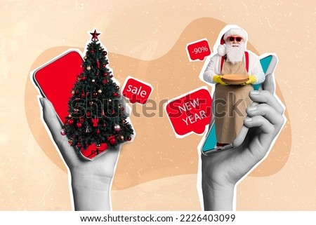 Creative trend collage of arms holding device gadget screen displays santa claus cooking plates sales -90 kitchen new year christmas tree