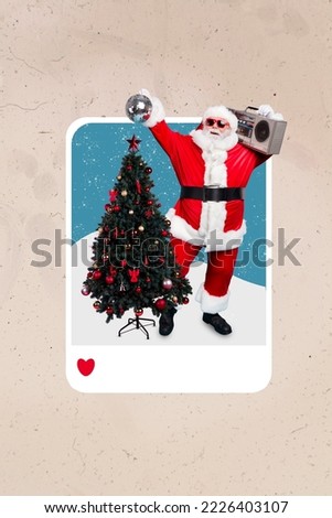 Composite collage image of funny santa claus dancing boom box disco ball new year tree social media post blog heart like popular share
