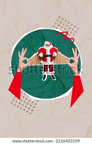 Vertical creative collage image of arms holding little santa claus carton cardboard plane wings flying air shopping delivery banner poster