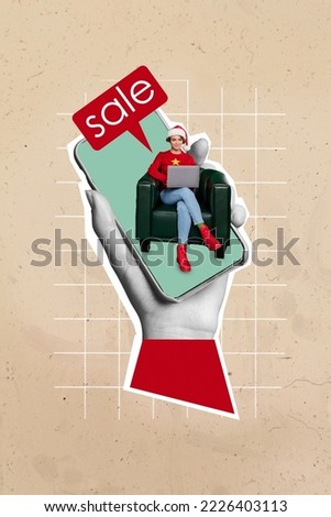Creative trend collage of arm holding device telephone sitting armchair laptop new year christmas costume hat sweater eshopping sale