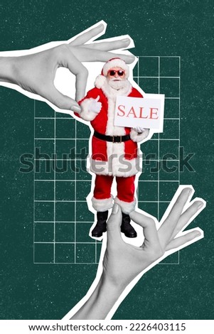 Vertical creative collage image of arms holding little santa claus costume sale plate shopping discount photorealism weird freak bizarre