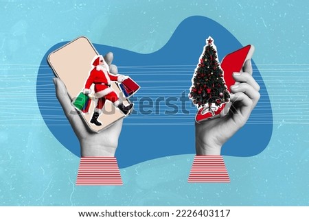 Creative drawing collage picture of arms holding device gadget santa claus walking eshopping bags christmas tree sale discount commerce
