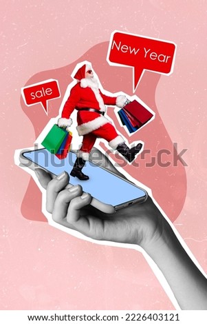 Composite collage picture image of arm holding device gadget walking santa claus carry shopping bags sales discount mall eshop online order