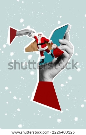 Creative drawing collage picture of hands holding device gadget screen santa claus carton wings plane courier presents delivery flying cute