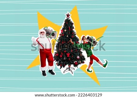 Composite collage image of funny santa claus elf helper boom box dancing dj christmas new year tree have fun party promo cheerful
