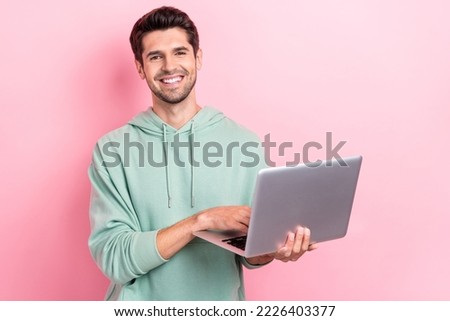 Photo of youngster positive student first work online remote meeting using new laptop success interview employer ad isolated on bright pink color background Royalty-Free Stock Photo #2226403377