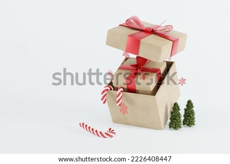 A gift in a gift box on a light background and a small Christmas tree and snowflakes. Concept for Christmas and buying Christmas gifts, giving gifts. Shopping. 3D render, 3D illustration.
