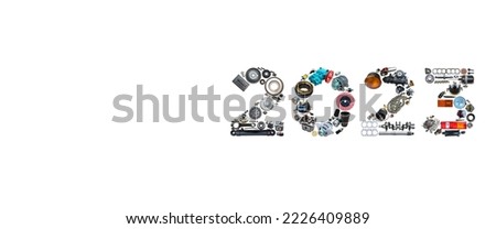 Number 2023 written with truck, tractors and car spare parts. New year concept for repair shop, workshop, diy isolated on white background. Banner. Royalty-Free Stock Photo #2226409889