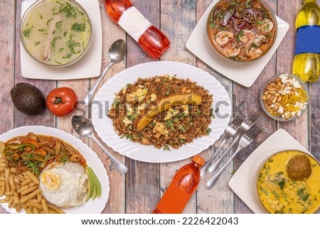 Ecuadorian food recipes, with chicken broth, homemade fries, field dish, ball broth and chaufafan rice Royalty-Free Stock Photo #2226422043