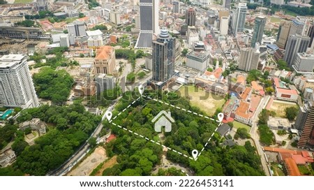 Land plot for building house aerial view, land field with pins, pin location for housing subdivision residential development owned sale rent buy or investment home or house expand the city building Royalty-Free Stock Photo #2226453141