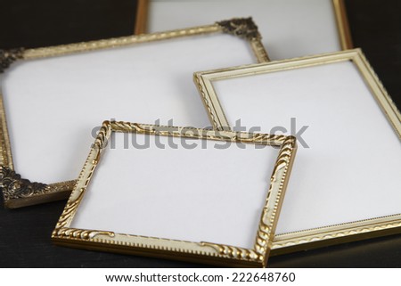 Blank picture frames against black background