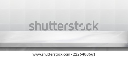 White marble countertop and tile wall. Empty bathroom shelf, kitchen table top with stone texture and mosaic backsplash on backdrop, vector realistic illustration Royalty-Free Stock Photo #2226488661