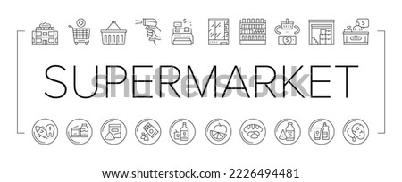 Supermarket Store Collection Icons Set Vector. Supermarket Cart And Basket, Cash Register And Barcode Scanner, Shop Building And Storage Black Contour Illustrations