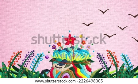 human flower head grow bloom blossom in nature abstract mind mental health spiritual brain imagine inspiring therapy meditation healing art illustration hand embroidery surreal fantasy digital collage Royalty-Free Stock Photo #2226498005