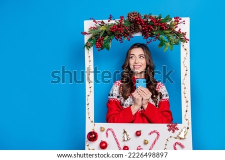 Photo of positive lady cadre frame shot snapshot picture look empty space advert promo shopping device sale isolated blue color background