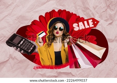 Creative photo 3d collage artwork of young rich glamour girl blow lips kiss waste money collection clothes isolated on painting background