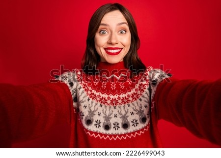 Portrait of cheerful pretty lady toothy smile make selfie recording video isolated on red color background