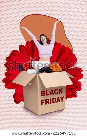 Creative photo 3d collage artwork template of crazy positive young girl rejoice low hot price black friday isolated on painting background