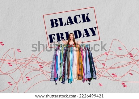 Collage picture of overjoyed excited girl clothes store rack black friday limited time only proposition isolated on painted background