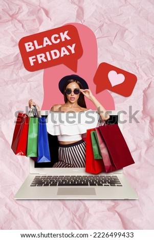 Creative photo 3d collage artwork template of stylish glamour girl inside display addicted shopping isolated on painting background