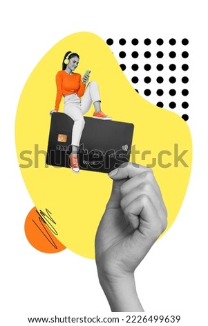 Vertical collage picture of arm black white effect hold mini girl sitting debit card use telephone listen music earphones isolated on drawing background