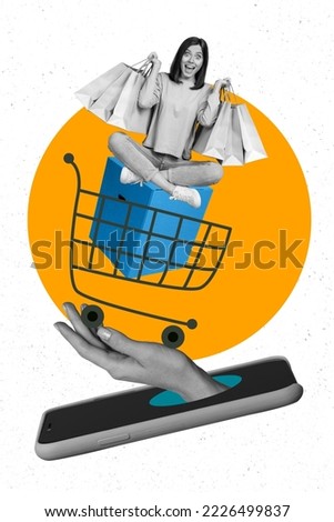 Creative photo 3d collage artwork poster of funny funky girl sitting home rejoice courier deliver purchase isolated on painting background