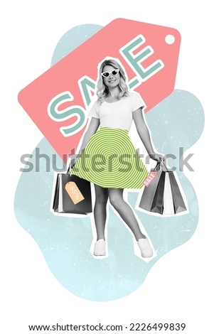 Vertical collage image of positive girl black white effect hold bags special offer sale promotion isolated on painted background