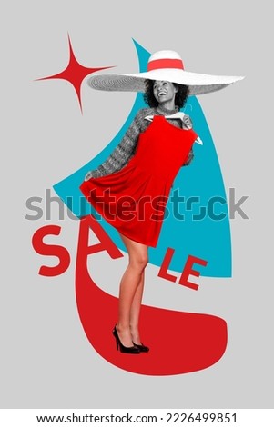 Creative photo 3d collage artwork of young girl try on new summer look preparing vacation autumn sale isolated on painting background