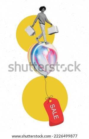 Creative photo 3d collage artwork poster of funny funky man stand big helium balloon go new open shop isolated on painting background