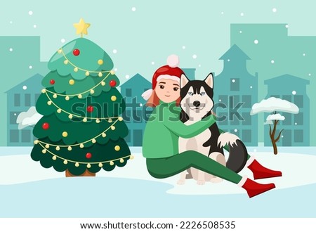Christmas greeting card with a girl and a dog. Cartoon design.
