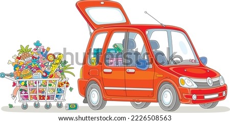 Red small car with an open trunk in a supermarket parking lot and a shopping cart full of foods, drinks, sweets and gifts for winter holidays, vector cartoon illustration isolated on a white backgroun