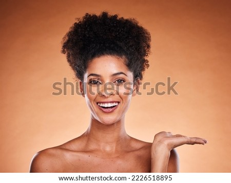 Black woman, skincare and advertising mockup in studio portrait with glow, shine and beauty wellness. Happy model face and hand for product placement mock up marketing, advertising or promotion space