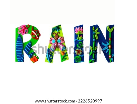 Rain modelling clay handmade Tropical clay colorful handmade clay illustration lettering decorated with butterflies, parrot, palm and flower jungle trees.