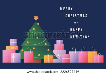 Merry Christmas with colorful gift boxes and Christmas tree. New Year symbol. Winter holiday design. Vector illustration	